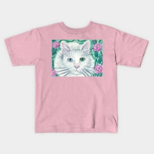 white cat flowers Kids T-Shirt